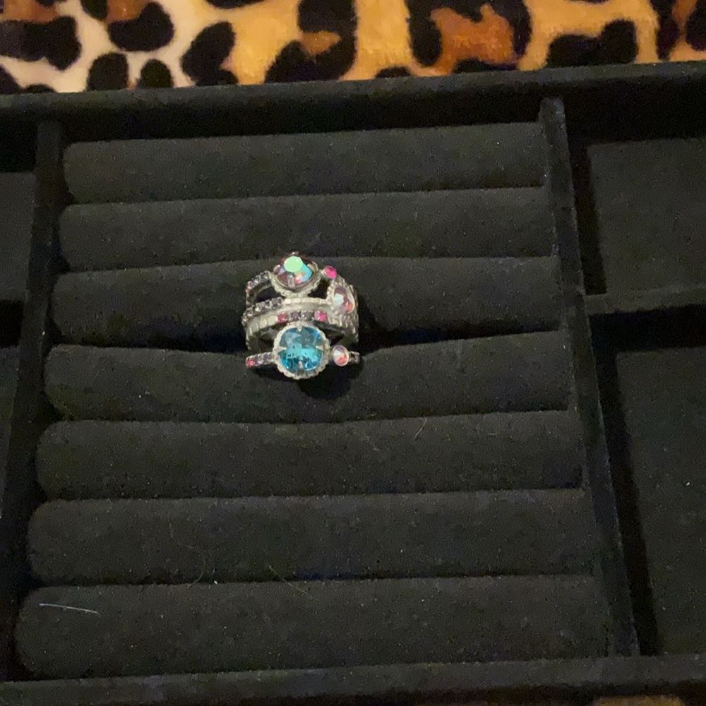 SORELLI Antiqued Silver-Tone Finish Triple Stack Ring with Blue and Pink Stones